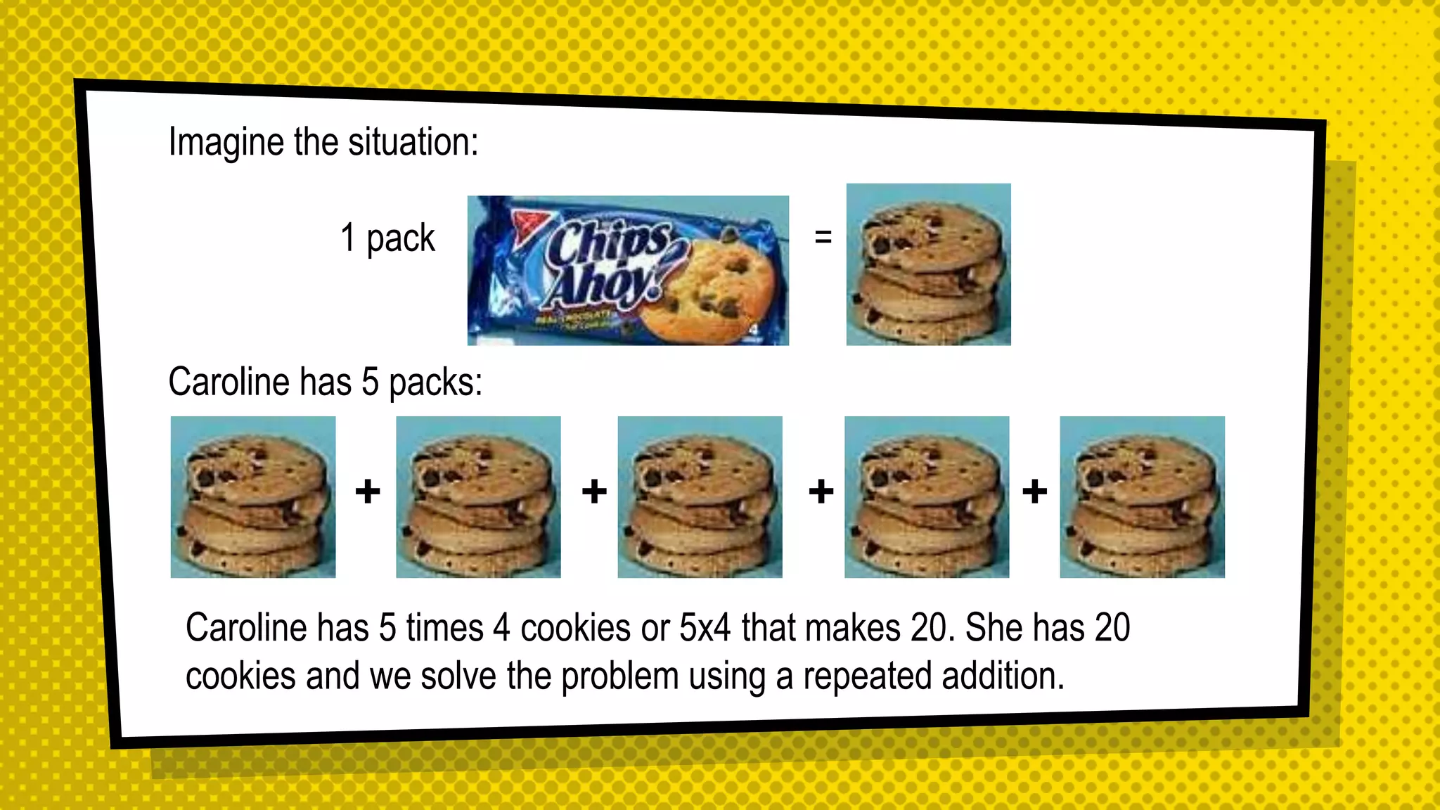 Imagine the situation:
1 pack =
Caroline has 5 packs:
+ + + +
Caroline has 5 times 4 cookies or 5x4 that makes 20. She has 20
cookies and we solve the problem using a repeated addition.
 