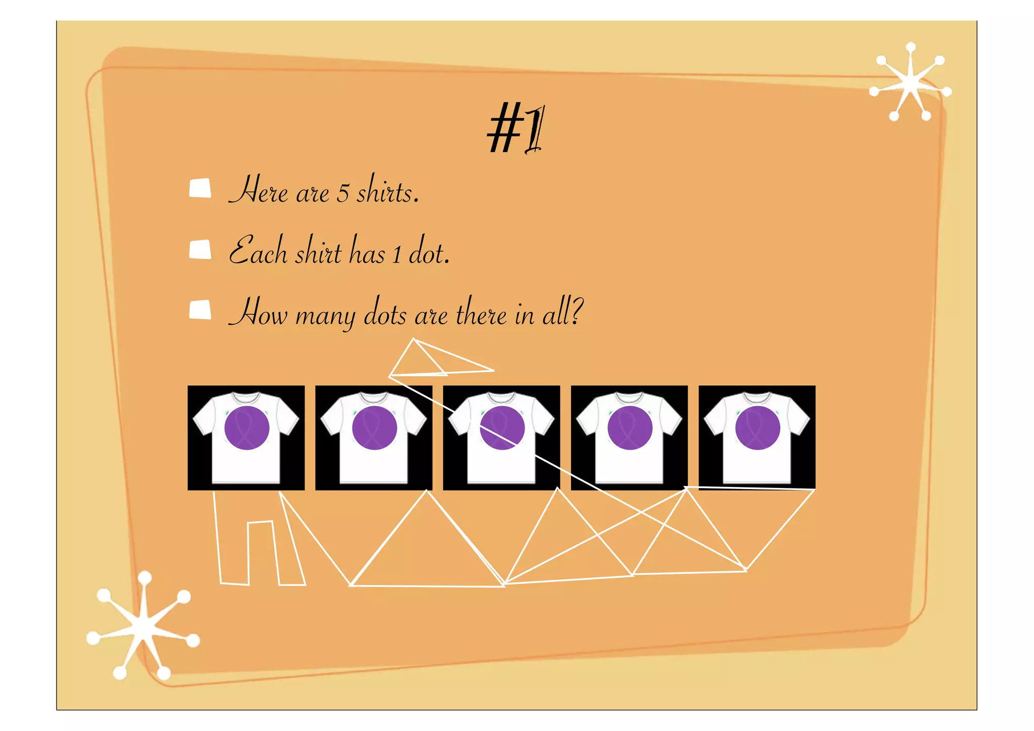 #1
Here are 5 shirts.
Each shirt has 1 dot.
How many dots are there in all?