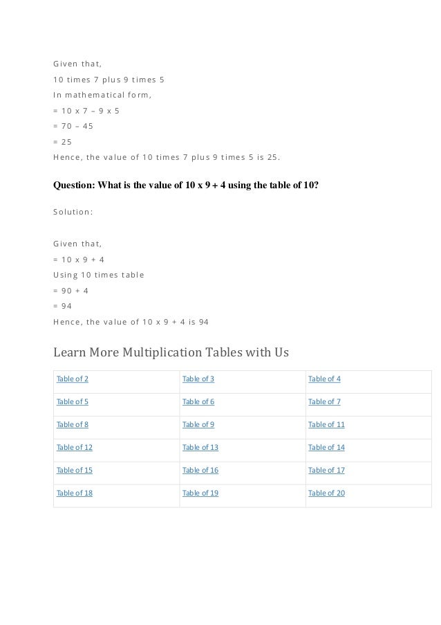 Given that,
10 times 7 plus 9 times 5
In mathematical form,
= 10 x 7 – 9 x 5
= 70 – 45
= 25
Hence, the value of 10 times 7 plus 9 times 5 is 25.
Question: What is the value of 10 x 9 + 4 using the table of 10?
Solution:
Given that,
= 10 x 9 + 4
Using 10 times table
= 90 + 4
= 94
Hence, the value of 10 x 9 + 4 is 94
Learn More Multiplication Tables with Us
Table of 2 Table of 3 Table of 4
Table of 5 Table of 6 Table of 7
Table of 8 Table of 9 Table of 11
Table of 12 Table of 13 Table of 14
Table of 15 Table of 16 Table of 17
Table of 18 Table of 19 Table of 20
 