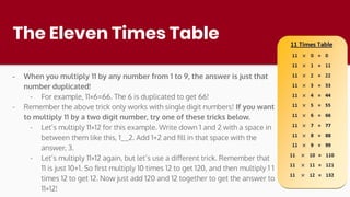 The Eleven Times Table
- When you multiply 11 by any number from 1 to 9, the answer is just that
number duplicated!
- For example, 11×6=66. The 6 is duplicated to get 66!
- Remember the above trick only works with single digit numbers! If you want
to multiply 11 by a two digit number, try one of these tricks below.
- Let’s multiply 11×12 for this example. Write down 1 and 2 with a space in
between them like this, 1__2. Add 1+2 and ﬁll in that space with the
answer, 3.
- Let’s multiply 11×12 again, but let’s use a diﬀerent trick. Remember that
11 is just 10+1. So ﬁrst multiply 10 times 12 to get 120, and then multiply 1 1
times 12 to get 12. Now just add 120 and 12 together to get the answer to
11×12!
 