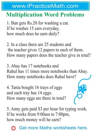 Grade 5 math worksheets multiplication word problems