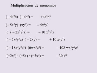 Multiplicación de monomios
(– x2y3)(−4y3z4) =
(+2x3) (– 5x3) =
(12x3) (4x) =
(a2b3) (3a2x) =
( – 4m2)(– 5mn2p) =
( 5a2y) (...