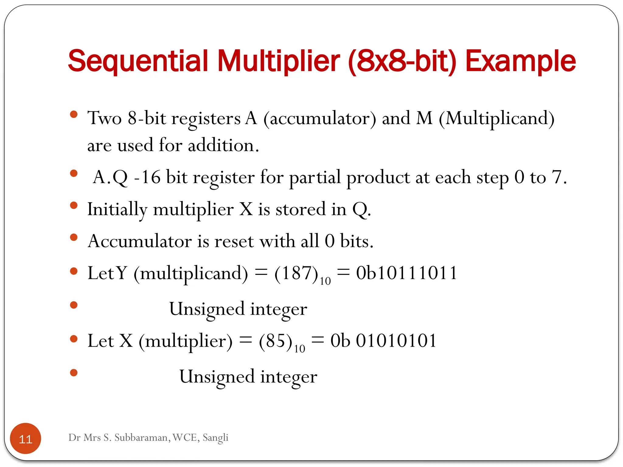 Dr Mrs S. Subbaraman,WCE, Sangli
Sequential Multiplier (8x8-bit) Example
11
 Two 8-bit registers A (accumulator) and M (Multiplicand)
are used for addition.
 A.Q -16 bit register for partial product at each step 0 to 7.
 Initially multiplier X is stored in Q.
 Accumulator is reset with all 0 bits.
 LetY (multiplicand) = (187)10 = 0b10111011
 Unsigned integer
 Let X (multiplier) = (85)10 = 0b 01010101
 Unsigned integer
 
