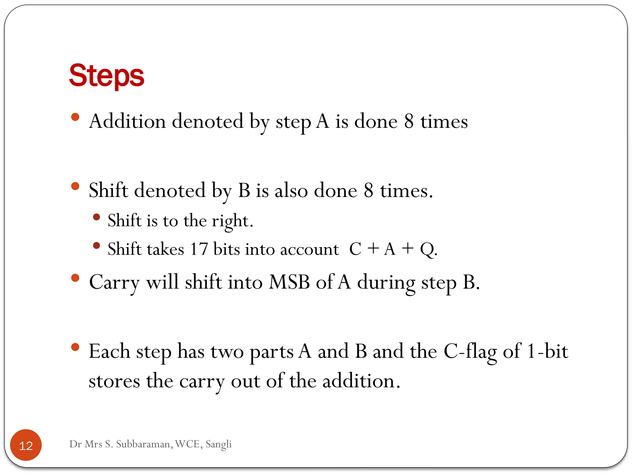 Dr Mrs S. Subbaraman,WCE, Sangli
Steps
12
 Addition denoted by stepA is done 8 times
 Shift denoted by B is also done 8 times.
 Shift is to the right.
 Shift takes 17 bits into account C + A + Q.
 Carry will shift into MSB of A during step B.
 Each step has two partsA and B and the C-flag of 1-bit
stores the carry out of the addition.
 