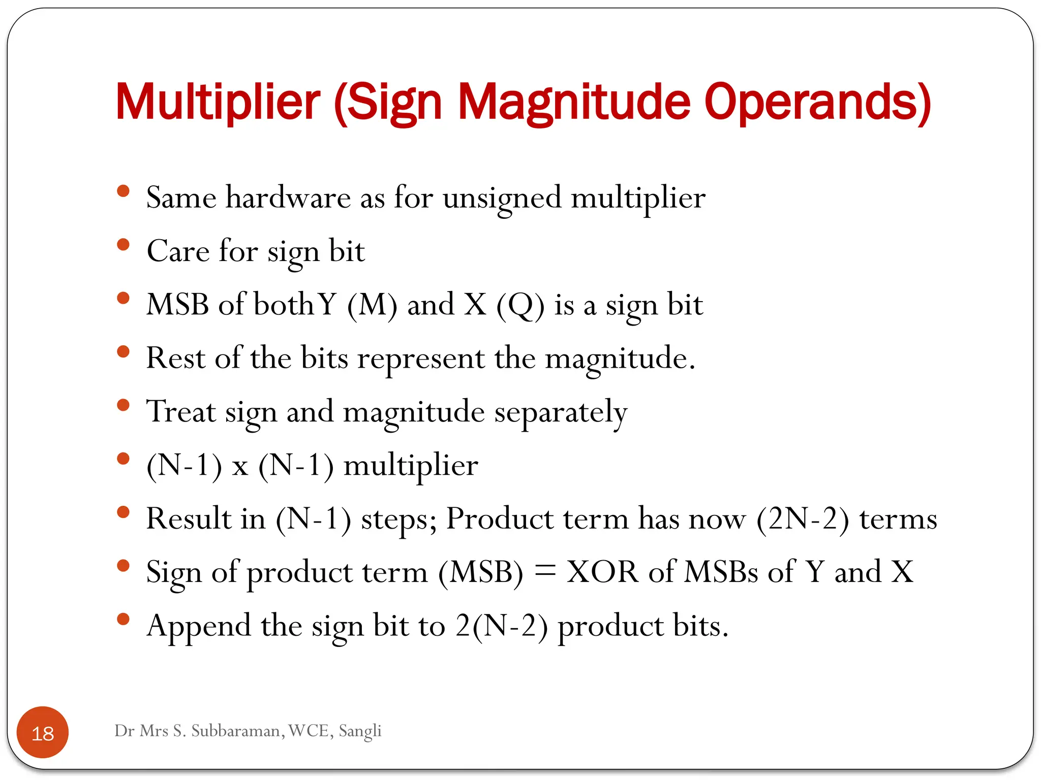 Dr Mrs S. Subbaraman,WCE, Sangli
Multiplier (Sign Magnitude Operands)
 Same hardware as for unsigned multiplier
 Care for sign bit
 MSB of bothY (M) and X (Q) is a sign bit
 Rest of the bits represent the magnitude.
 Treat sign and magnitude separately
 (N-1) x (N-1) multiplier
 Result in (N-1) steps; Product term has now (2N-2) terms
 Sign of product term (MSB) = XOR of MSBs of Y and X
 Append the sign bit to 2(N-2) product bits.
18
 