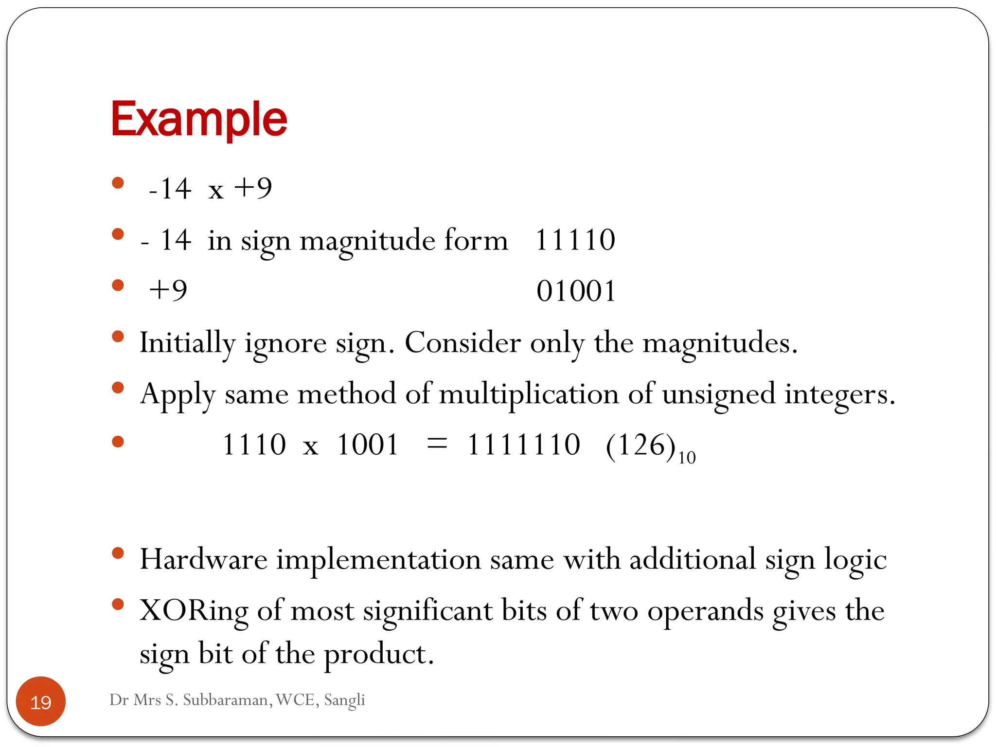 Dr Mrs S. Subbaraman,WCE, Sangli
Example
19
 -14 x +9
 - 14 in sign magnitude form 11110
 +9 01001
 Initially ignore sign. Consider only the magnitudes.
 Apply same method of multiplication of unsigned integers.
 1110 x 1001 = 1111110 (126)10
 Hardware implementation same with additional sign logic
 XORing of most significant bits of two operands gives the
sign bit of the product.
 