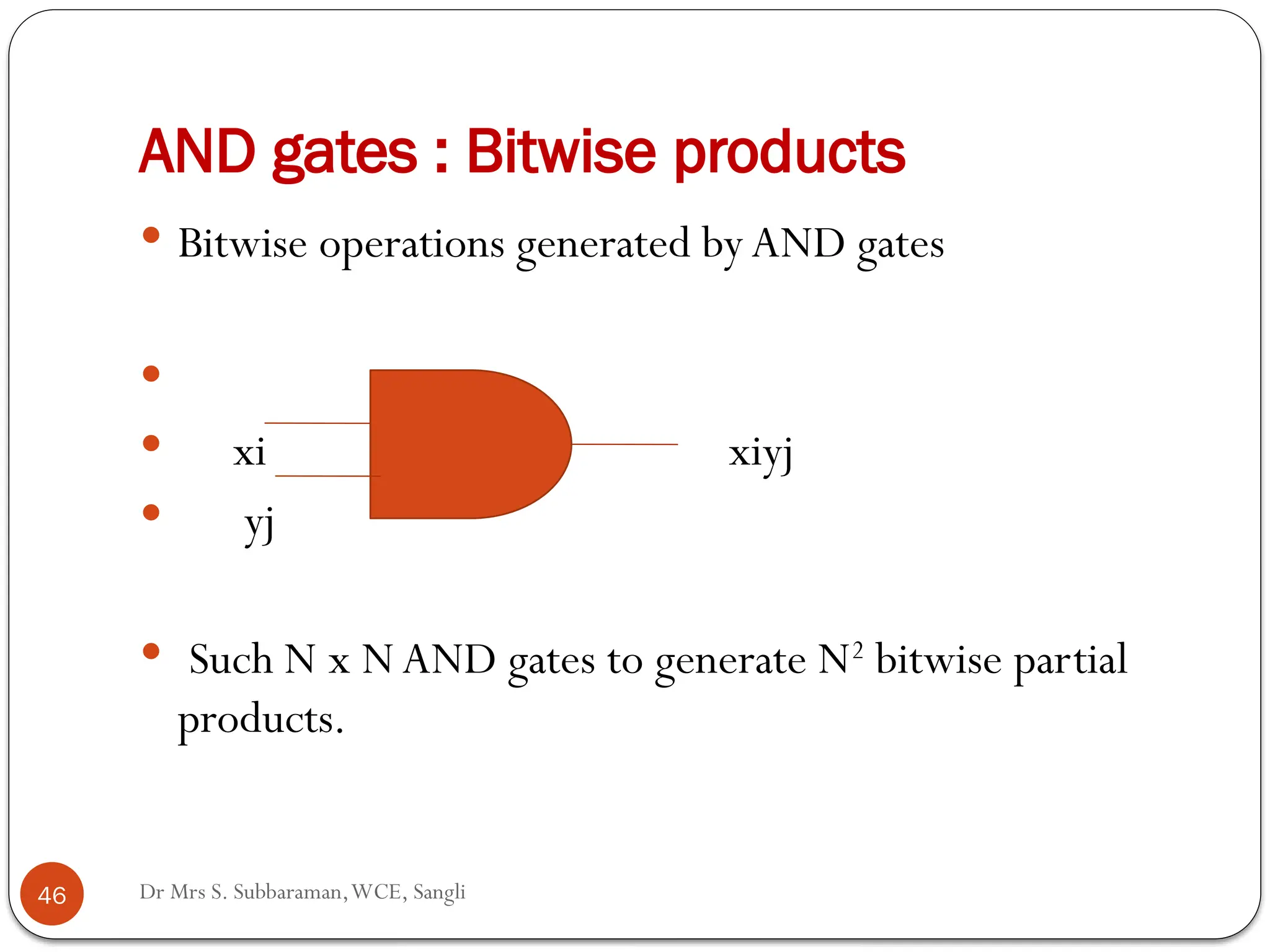 Dr Mrs S. Subbaraman,WCE, Sangli
AND gates : Bitwise products
 Bitwise operations generated by AND gates

 xi xiyj
 yj
 Such N x NAND gates to generate N2
bitwise partial
products.
46
 