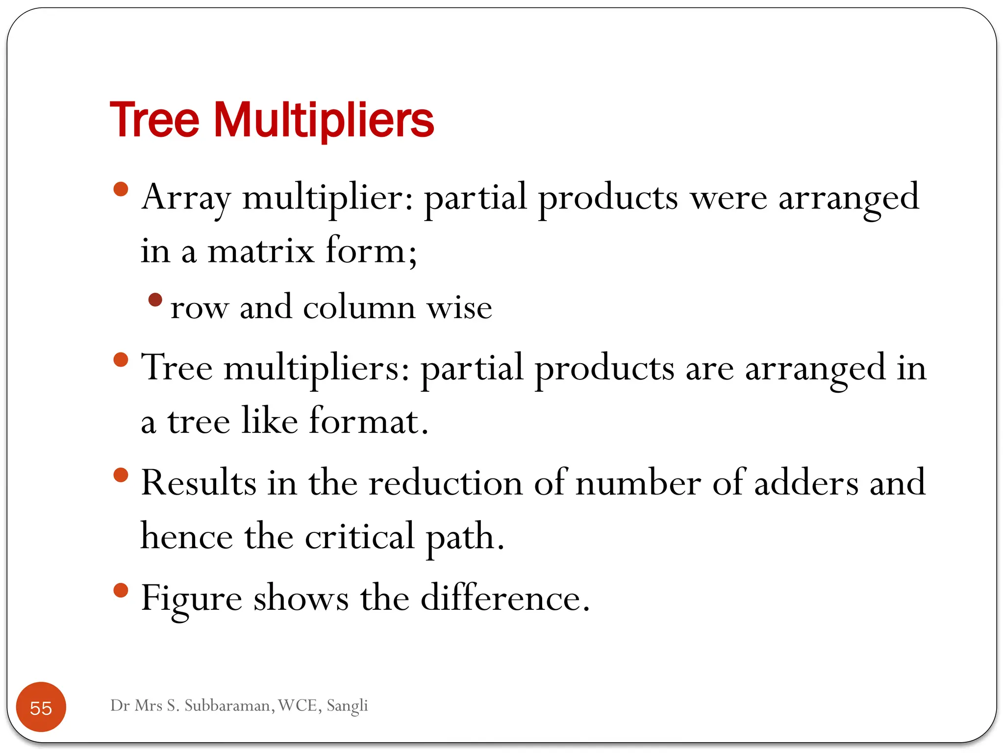 Dr Mrs S. Subbaraman,WCE, Sangli
Tree Multipliers
 Array multiplier: partial products were arranged
in a matrix form;
 row and column wise
 Tree multipliers: partial products are arranged in
a tree like format.
 Results in the reduction of number of adders and
hence the critical path.
 Figure shows the difference.
55
 