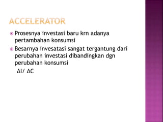  Prosesnya investasi baru krn adanya
pertambahan konsumsi
 Besarnya invesatasi sangat tergantung dari
perubahan investasi dibandingkan dgn
perubahan konsumsi
ΔI/ ΔC
 