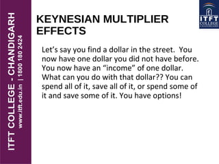 KEYNESIAN MULTIPLIER
EFFECTS
Let’s say you find a dollar in the street. You
now have one dollar you did not have before.
You now have an “income” of one dollar.
What can you do with that dollar?? You can
spend all of it, save all of it, or spend some of
it and save some of it. You have options!
 