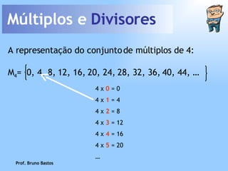 Múltiplos e  Divisores Prof. Bruno Bastos A representação do conjunto de múltiplos de 4: 4 x  0  = 0 4 x  1  = 4 4 x  2  = 8 4 x  3  = 12 4 x  4  = 16 4 x  5  = 20 … M 4 =  0, 4, 8, 12, 16, 20, 24, 28, 32, 36, 40, 44, … 