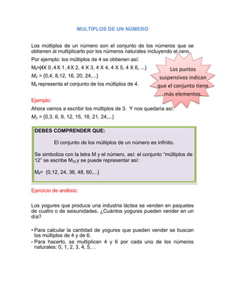 MULTIPLOS DE UN NÚMERO
Los múltiplos de un número son el conjunto de los números que se
obtienen al multiplicarlo por los números naturales incluyendo el cero.
Por ejemplo: los múltiplos de 4 se obtienen así:
M4={4X 0 , 4 X 1 , 4 X 2, 4 X 3, 4 X 4, 4 X 5, 4 X 6, ...}
M4 = {0,4, 8,12, 16, 20, 24,...}
M4 representa el conjunto de los múltiplos de 4.

Los puntos
suspensivos indican
que el conjunto tiene
más elementos.

Ejemplo:
Ahora vamos a escribir los múltiplos de 3. Y nos quedaría así:
M3 = {0,3, 6, 9, 12, 15, 18, 21, 24,...}
DEBES COMPRENDER QUE:
El conjunto de los múltiplos de un número es infinito.
Se simboliza con la letra M y el número, así: el conjunto “múltiplos de
12” se escribe M12.y se puede representar así:
M4= {0,12, 24, 36, 48, 60,...}

Ejercicio de análisis:
Los yogures que produce una industria láctea se venden en paquetes
de cuatro o de seisunidades. ¿Cuántos yogures pueden vender en un
día?
• Para calcular la cantidad de yogures que pueden vender se buscan
los múltiplos de 4 y de 6.
• Para hacerlo, se multiplican 4 y 6 por cada uno de los números
naturales: 0, 1, 2, 3, 4, 5, ...

 