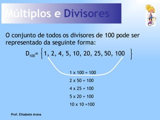Múltiplos e  Divisores O conjunto de todos os divisores de 100 pode ser representado da seguinte forma: 1 x 100 = 100 2 x 50   = 100 4 x 25 = 100 5 x 20 = 100 10 x 10 =100 Prof. Elisabete Arana D 100 =  1, 2, 4, 5, 10, 20, 25, 50, 100 