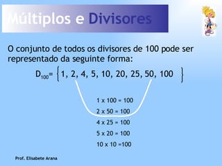 Múltiplos e  Divisores O conjunto de todos os divisores de 100 pode ser representado da seguinte forma: 1 x 100 = 100 2 x 50   = 100 4 x 25 = 100 5 x 20 = 100 10 x 10 =100 Prof. Elisabete Arana D 100 =  1, 2, 4, 5, 10, 20, 25, 50, 100 