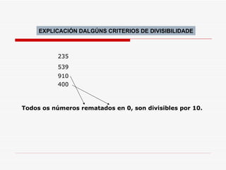 Todos os números rematados en 0, son divisibles por 10. 235 539 910 400 EXPLICACIÓN DALGÚNS CRITERIOS DE DIVISIBILIDADE 