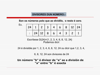 DIVISORES DUN NÚMERO.- Son os números polo que ao dividilo,  o resto é cero . Ex.  Escríbese D(24)={1, 2, 3, 4, 6, 8, 12, 24} Podemos dicir: 24 é divisible por 1, 2, 3, 4, 6, 8, 12, 24 ou dicir que 1,2, 3, 4,  6, 8, 12, 24 son divisores de 24 Un número “b” é divisor de “a” se a división de “a” entre “b” é exacta : 24 1 1 2 3 4 6 8 24 2 12 24 12 8 6 4 3 
