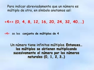 Para indicar abreviadamente que un número es
múltiplo de otro, en símbolo anotamos así:
<4>= {0, 4, 8, 12, 16, 20, 24, 32, 40...}
<4> se lee conjunto de múltiplos de 4
Un número tiene infinitos múltiplos. Entonces…
los múltiplos se obtienen multiplicando
sucesivamente el número por los números
naturales (0, 1, 2, 3…)
 