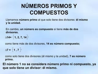 NÚMEROS PRIMOS Y
COMPUESTOS
Llamamos número primo al que solo tiene dos divisores: él mismo
y la unidad.
En cambio, un número es compuesto si tiene más de dos
divisores.
∆14= 1, 2, 7, 14
como tiene más de dos divisores, 14 es número compuesto;
∆7 = 1 , 7
como solo tiene dos divisores (él mismo y la unidad), 7 es número
primo.
El número 1 no se considera número primo ni compuesto, ya
que solo tiene un divisor: él mismo.
 
