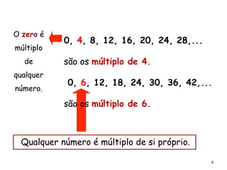 8
O zero é
múltiplo
de
qualquer
número.
0, 4, 8, 12, 16, 20, 24, 28,...
são os múltiplo de 4.
0, 6, 12, 18, 24, 30, 36, 42,...
são os múltiplo de 6.
Qualquer número é múltiplo de si próprio.
 