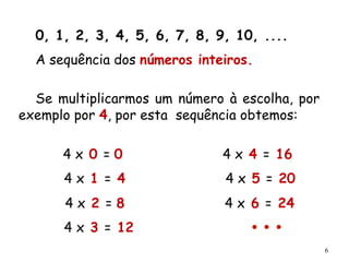 6
0, 1, 2, 3, 4, 5, 6, 7, 8, 9, 10, ....
A sequência dos números inteiros.
Se multiplicarmos um número à escolha, por
exem...