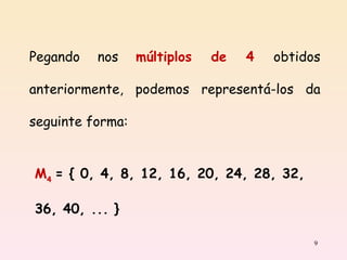 M 4  = { 0, 4, 8, 12, 16, 20, 24, 28, 32, 36, 40, ... }  Pegando nos  múltiplos de 4  obtidos anteriormente, podemos representá-los da seguinte forma:   