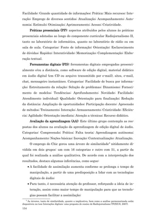 Facilidade; Grande quantidade de informações; Prática; Mais recursos; Inte-
ração; Emprego de diversos sentidos; Atualização; Acompanhamento; Auto-
nomia; Estímulo; Otimização; Aprimoramento; Acesso; Criatividade.
        Práticas presenciais (PP): aspectos atribuídos pelos alunos às práticas
presenciais adotadas ao longo do componente curricular Radiojornalismo II,
tanto no laboratório de informática, quanto no laboratório de rádio ou em
sala de aula. Categorias: Fonte de informação; Orientação; Esclarecimento
de dúvidas; Rapidez; Interatividade; Memorização; Complementação; Elabo-
ração textual.
        Ferramentas digitais (FD): ferramentas digitais empregadas presenci-
almente e/ou a distância, como software de edição digital, material didático
em áudio digital (em CD ou arquivo transmitido por e-mail), sites, e-mail,
chat, mensageiro instantâneo. Categorias: Facilidade de busca por informa-
ção; Estreitamento da relação; Solução de problemas; Dinamismo; Forneci-
mento de modelos; Tendências; Aprofundamento; Novidade; Facilidade;
Atendimento individual; Qualidade; Orientação para finalização; Redução
da distância; Ampliação de oportunidades; Participação docente; Apreensão
de métodos; Treinamento; Interação; Armazenamento; Criatividade; Eficiên-
cia; Agilidade; Orientação imediata; Atenção a técnicas; Recurso didático.
        Avaliação da aprendizagem (AA): Este último grupo contempla as res-
postas dos alunos na avaliação da aprendizagem de edição digital de áudio.
Categorias: Compreensão; Prática; Falta teoria; Aprendizagem autônoma;
Acompanhamento; Noções básicas; Inovação; Contextualização; Atualização.
        O emprego do Chic gerou uma árvore de similaridade 9 nitidamente di-
vidida em dois grupos: um com 16 categorias e outro com 51, a partir da
qual foi realizada a análise qualitativa. De acordo com a interpretação dos
resultados, destaco algumas inferências, como segue:
       • A facilidade de assimilação aumenta conforme se prolonga o tempo de
        manipulação, a partir de uma predisposição a lidar com as tecnologias
        digitais de áudio;
       • Para tanto, é necessária atenção do professor, reforçando a ideia de in-
        teração, assim como maior tempo de manipulação para que as tecnolo-
        gias possam facilitar a assimilação;
   9
     As árvores, tanto de similaridade, quanto a implicativa, bem como a análise pormenorizada estão
disponíveis na tese Interações digitais: uma proposta de ensino de Radiojornalismo (TONUS, 2007).
154
 