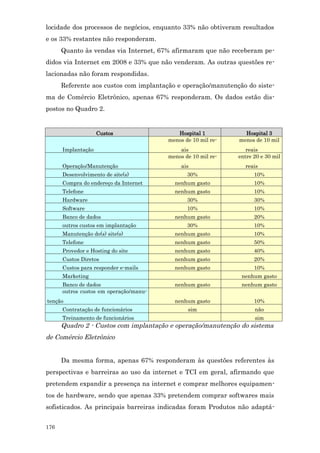 locidade dos processos de negócios, enquanto 33% não obtiveram resultados
e os 33% restantes não responderam.
      Quanto às vendas via Internet, 67% afirmaram que não receberam pe-
didos via Internet em 2008 e 33% que não venderam. As outras questões re-
lacionadas não foram respondidas.
      Referente aos custos com implantação e operação/manutenção do siste-
ma de Comércio Eletrônico, apenas 67% responderam. Os dados estão dis-
postos no Quadro 2.


                    Custos                 Hospital 1           Hospital 3
                                        menos de 10 mil re-   menos de 10 mil
      Implantação                           ais                  reais
                                        menos de 10 mil re-   entre 20 e 30 mil
      Operação/Manutenção                    ais                reais
      Desenvolvimento de site(s)               30%                  10%
      Compra do endereço da Internet      nenhum gasto              10%
      Telefone                            nenhum gasto              10%
      Hardware                                 30%                  30%
      Software                                 10%                  10%
      Banco de dados                      nenhum gasto              20%
      outros custos em implantação             30%                  10%
      Manutenção do(s) site(s)            nenhum gasto              10%
      Telefone                            nenhum gasto              50%
      Provedor e Hosting do site          nenhum gasto              40%
      Custos Diretos                      nenhum gasto              20%
      Custos para responder e-mails       nenhum gasto              10%
      Marketing                                                nenhum gasto
      Banco de dados                      nenhum gasto         nenhum gasto
      outros custos em operação/manu-
tenção                                    nenhum gasto              10%
      Contratação de funcionários              sim                  não
      Treinamento de funcionários                                   sim
      Quadro 2 - Custos com implantação e operação/manutenção do sistema
de Comércio Eletrônico


      Da mesma forma, apenas 67% responderam às questões referentes às
perspectivas e barreiras ao uso da internet e TCI em geral, afirmando que
pretendem expandir a presença na internet e comprar melhores equipamen-
tos de hardware, sendo que apenas 33% pretendem comprar softwares mais
sofisticados. As principais barreiras indicadas foram Produtos não adaptá-


176
 