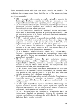 foram automaticamente rejeitadas e as outras, votadas em plenário. Os
trabalhos, durante essa etapa, foram divididos em 15 GTs, apresentando os
seguintes resultados:
    GT1 - produção independente, produção regional e garantia de
     distribuição. Nenhuma proposta aprovada por consenso, as dez
     propostas foram enviadas para a plenária, sendo nove aprovadas;
    GT 2 - incentivos e fiscalização. Aprovou 33 propostas por consenso e
     quatro por aprovação superior a 80%. Todas as sete propostas que
     enviou à plenária final foram aprovadas;
    GT 3 – financiamento, competição, tributação, órgãos reguladores,
     marco legal e regulatório. Aprovou 16 propostas por consenso e três
     por votação acima de 80%. Enviou à plenária final nove propostas,
     das quais seis foram aprovadas;
    O GT 4 - conteúdo nacional, propriedade das entidades produtoras de
     conteúdo, propriedade intelectual, aspectos federativos. Aprovou 35
     propostas por consenso e dez por votação acima de 80%. Das seis
     propostas que enviou à plenária final, cinco foram aprovadas;
    GT 5 – rádio, rádios e tvs comunitárias. Aprovou nove propostas por
     consenso e 11 por votação acima de 80%. Seis foram enviadas à
     plenária final, das quais quatro foram aprovadas;
    GT 6 – internet, telecomunicações, banda larga, infraestrutura.
     Aprovou 41 propostas por consenso e não teve nenhuma com votação
     maior que 80%. Enviou sete propostas à plenária final, das quais
     quatro foram aprovadas;
    GT 7 - televisão aberta, TV por assinatura, cinema,
     multiprogramação,        mídia     impressa,     mercado      editorial,
     responsabilidade editorial, publicidade. Aprovou 12 propostas por
     consenso e uma por votação acima de 80%. Das dez propostas que
     enviou à plenária final, sete foram aprovadas;
    GT 8 - sistema de outorgas, fiscalização, propriedade das entidades
     distribuidoras de conteúdo. Aprovou 25 propostas por consenso e não
     teve aprovação por votação superior a 80%. Das dez propostas
     enviadas à plenária final, três foram aprovadas;
    GT 9 - sistemas público, privado e estatal, tributação, financiamento,
     competição. Aprovou 35 propostas por consenso e nenhuma por
     votação superior a 80%. Enviou dez propostas à plenária final e teve
     sete aprovadas;
    GT 10 - órgãos reguladores, aspectos federativos, administração do
     espectro, normas e padrões, marco legal e regulatório. Aprovou 11
     propostas por consenso e dez por votação acima de 80%. Enviou oito
     propostas à Plenária final, com aprovação de duas;
    GT 11 - democratização da comunicação, participação social na
     comunicação, liberdade de expressão. Aprovou dez propostas por
     consenso e mais 19 por votação superior a 80%. Enviou dez propostas
     à plenária final e uma foi aprovada;



                                                                         155
 