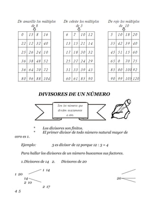DIVISORES DE UN NÚMERO




              *    Los divisores son finitos.
              *    El primer divisor de todo número natural mayor de
cero es 1.

      Ejemplo:            3 es divisor de 12 porque 12 : 3 = 4

      Para hallar los divisores de un número buscamos sus factores.

      1. Divisores de 14 2.    Divisores de 20

                   1 14
1 20
       14                                                        20
       2 10
                   2 17
4 5
 