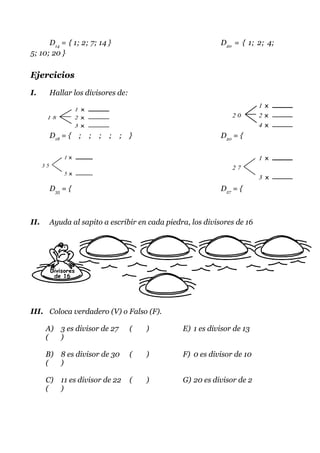 D14 = { 1; 2; 7; 14 }                                    D20 = { 1; 2; 4;
5; 10; 20 }

Ejercicios

I.         Hallar los divisores de:
                                                                            1x
                     1 x
       18            2 x                                          20        2x
                     3 x                                                    4x
           D18 = { ; ; ; ; ; }                                 D20 = {

               1x                                                           1 x
      35                                                          27
               5x
                                                                            3 x
           D35 = {                                             D27 = {



II.        Ayuda al sapito a escribir en cada piedra, los divisores de 16




III. Coloca verdadero (V) o Falso (F).

       A) 3 es divisor de 27          (   )        E) 1 es divisor de 13
       (  )

       B) 8 es divisor de 30          (   )        F) 0 es divisor de 10
       (  )

       C) 11 es divisor de 22         (   )        G) 20 es divisor de 2
       (  )
 