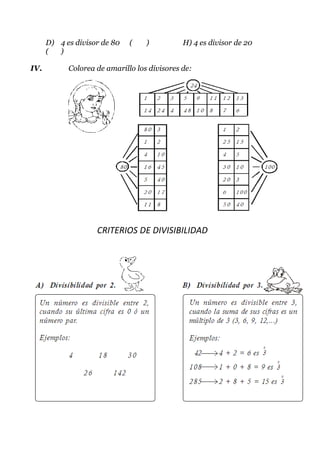 D) 4 es divisor de 80   (    )          H) 4 es divisor de 20
      (  )

IV.         Colorea de amarillo los divisores de:




                    CRITERIOS DE DIVISIBILIDAD
 