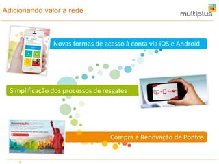 Adicionando valor a rede
4
Novas formas de acesso à conta via iOS e Android
Simplificação dos processos de resgates
Compra e Renovação de Pontos
 