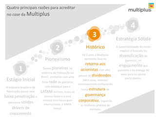 Quatro principais razões para acreditar
no case da Multiplus

4
3

2
Pioneirismo

1
Estágio Inícial
A indústria brasileira de
fidelização possui uma

baixa penetração e
apresenta sólidos
drivers de
crescimento

Somos pioneiros na
indústria de fidelização no
Brasil, contamos com uma

forte rede de parceiros
com destaque para a

LATAM Airlines, todos os
bancos locais e a joint
venture com nosso peer
internacional, a AIMIA
Group.

Estratégia Sólida

Histórico

A sustentabilidade do nosso
negócio é baseada na

Há 3 anos a Multiplus
apresenta foco no

diversificação de

retorno aos
acionistas com alto
payout de dividendos.
Além disso, estamos
continuamente melhorando
nossa estrutura de

governança
corporativa, seguindo
as melhores práticas de
mercado.

parcerias, no

engajamento dos
parceiros e na entrega de
valor para os nossos
participantes.

 