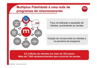 Multiplus Fidelidade é uma rede de
                    programas de relacionamento


             TV a Cabo
                  e                                                       Foco na retenção e aquisição de
              Internet
                                                                          clientes, aumentando as vendas

      Telefonia
                                                             Varejo
       Celular
                                                          Alimentício
        e Fixa



                                                                        Criação de vínculo entre os clientes e
               Livrarias                           Combustíveis               os parceiros do programa
                                      Farmácias




                              6,5 milhões de clientes em mais de 100 países
                         Mais de 7.000 estabelecimentos para acúmulo de pontos


© 2009 Multiplus – Todos os direitos reservados.
 