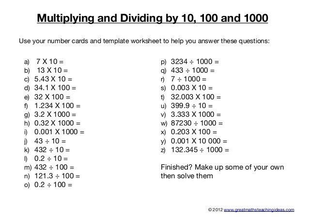 Multiplying And Dividing By 10 100 And 1000