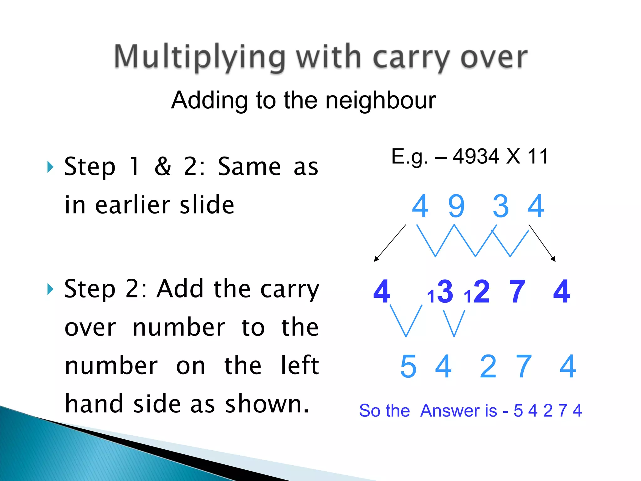 Step 1 & 2: Same as in earlier slide Step 2: Add the carry over number to the number on the left hand side as shown. 4  9  3  4  So the  Answer is - 5 4 2 7 4 Adding to the neighbour  4  1 3  1 2  7  4 5  4  2  7  4 E.g. – 4934 X 11 