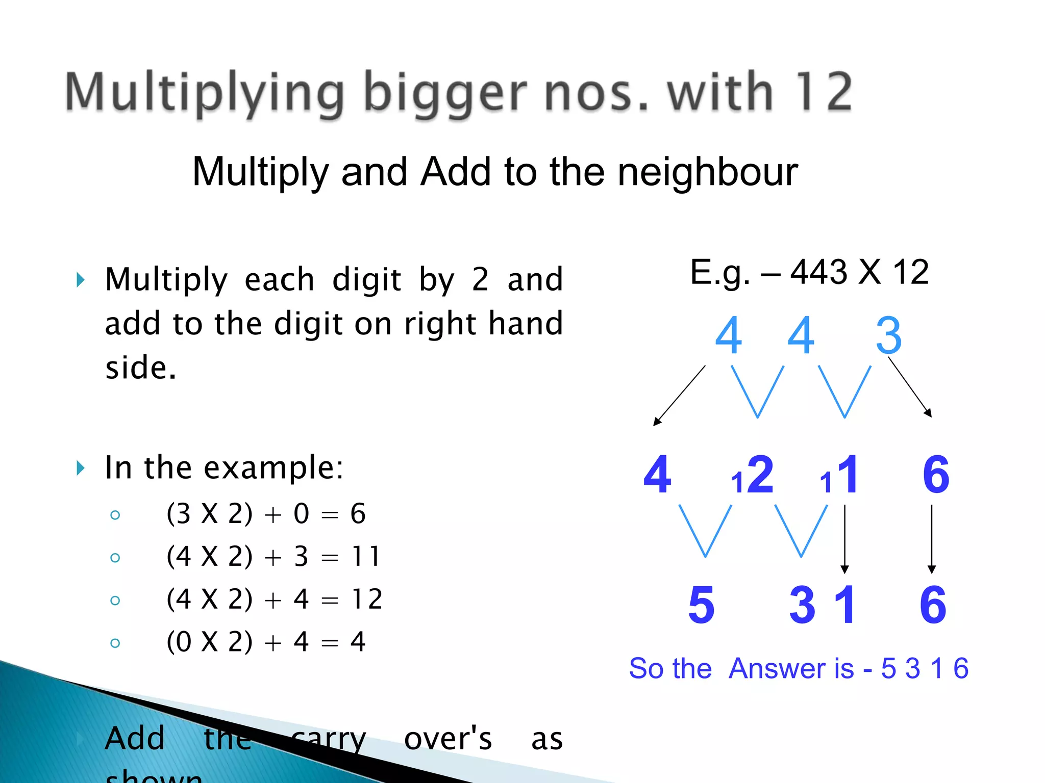 Multiply each digit by 2 and add to the digit on right hand side.  In the example: (3 X 2) + 0 = 6 (4 X 2) + 3 = 11 (4 X 2) + 4 = 12 (0 X 2) + 4 = 4 Add the carry over's as shown 4  4  3 So the  Answer is - 5 3 1 6  Multiply and Add to the neighbour  4  1 2  1 1  6  E.g. – 443 X 12 5  3 1  6  
