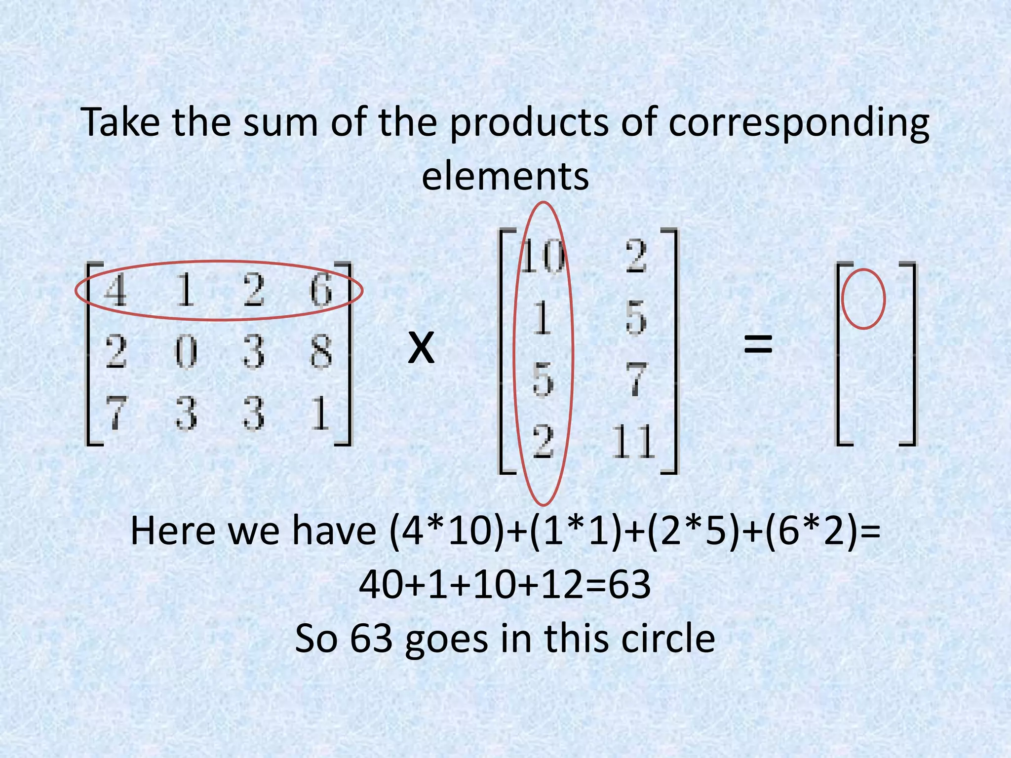 Take the sum of the products of corresponding elementsx=Here we have (4*10)+(1*1)+(2*5)+(6*2)=40+1+10+12=63So 63 goes in this circle