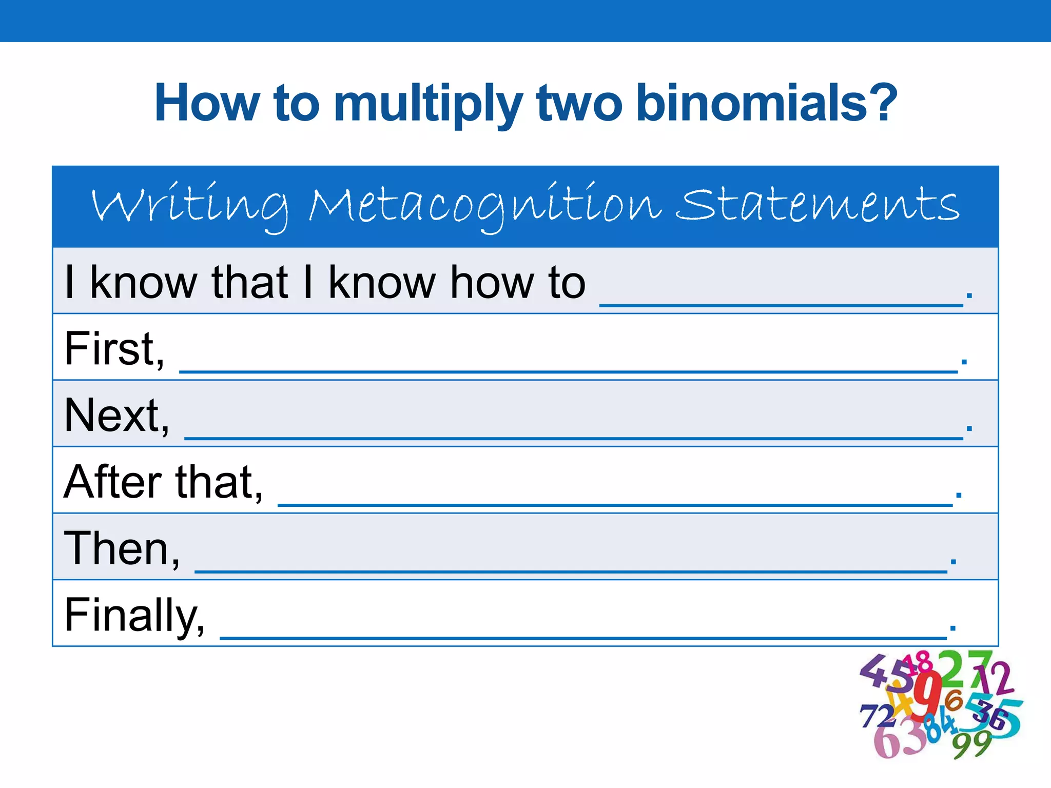 How to multiply two binomials?
Writing Metacognition Statements
I know that I know how to ______________.
First, ______________________________.
Next, ______________________________.
After that, __________________________.
Then, _____________________________.
Finally, ____________________________.
 