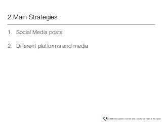 MIMIRAN Capture, Convert, and Close More Deals in the Cloud
2 Main Strategies
1. Social Media posts
2. Different platforms...