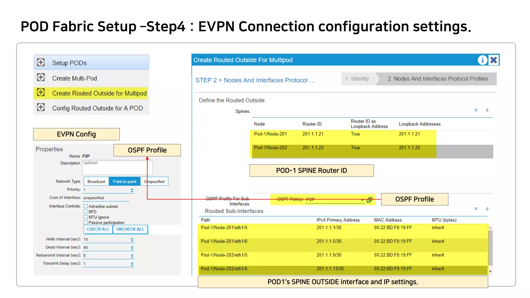 POD Fabric Setup –Step4 : EVPN Connection configuration settings.
 