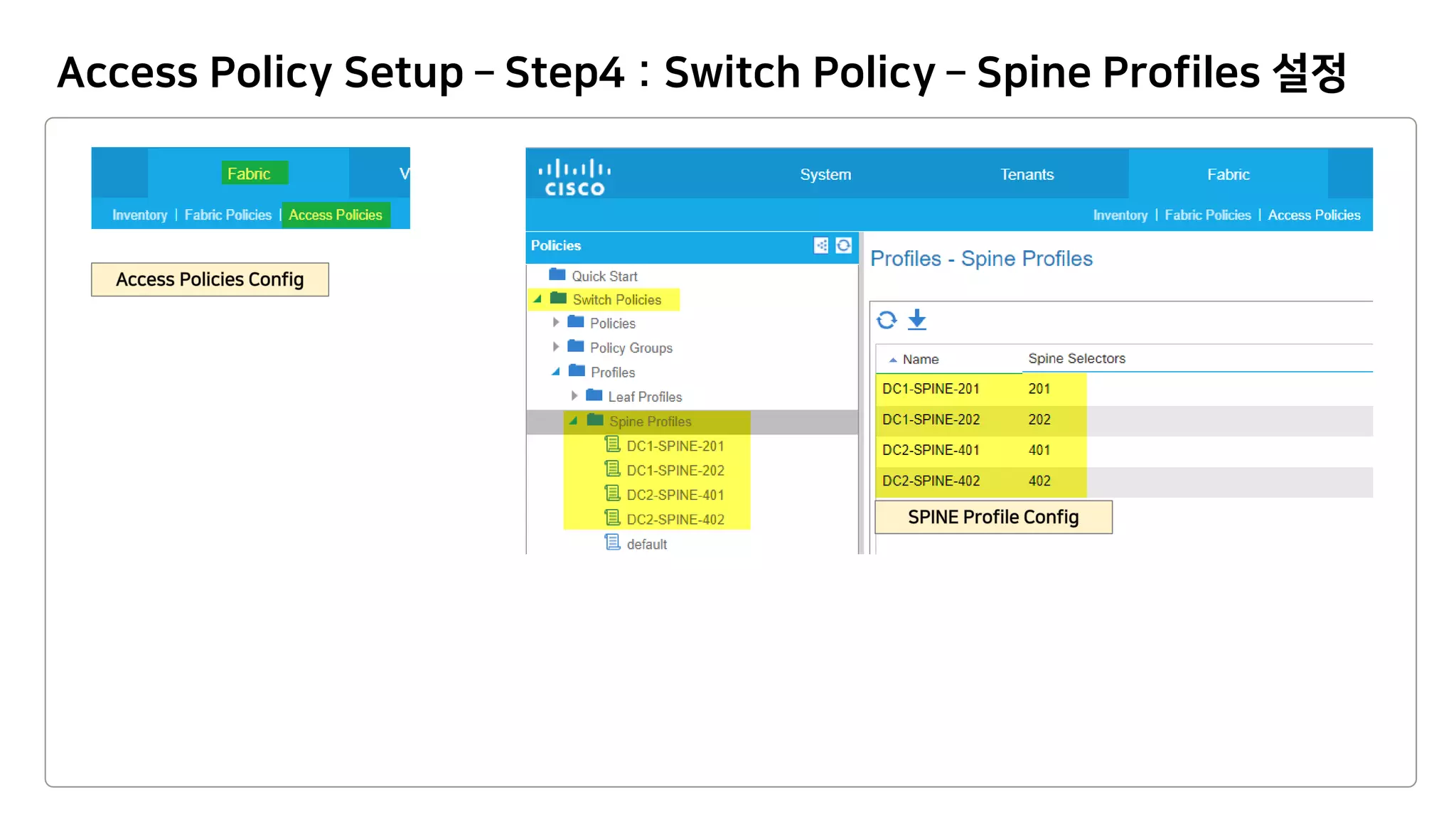 Access Policy Setup – Step4 : Switch Policy – Spine Profiles 설정
 