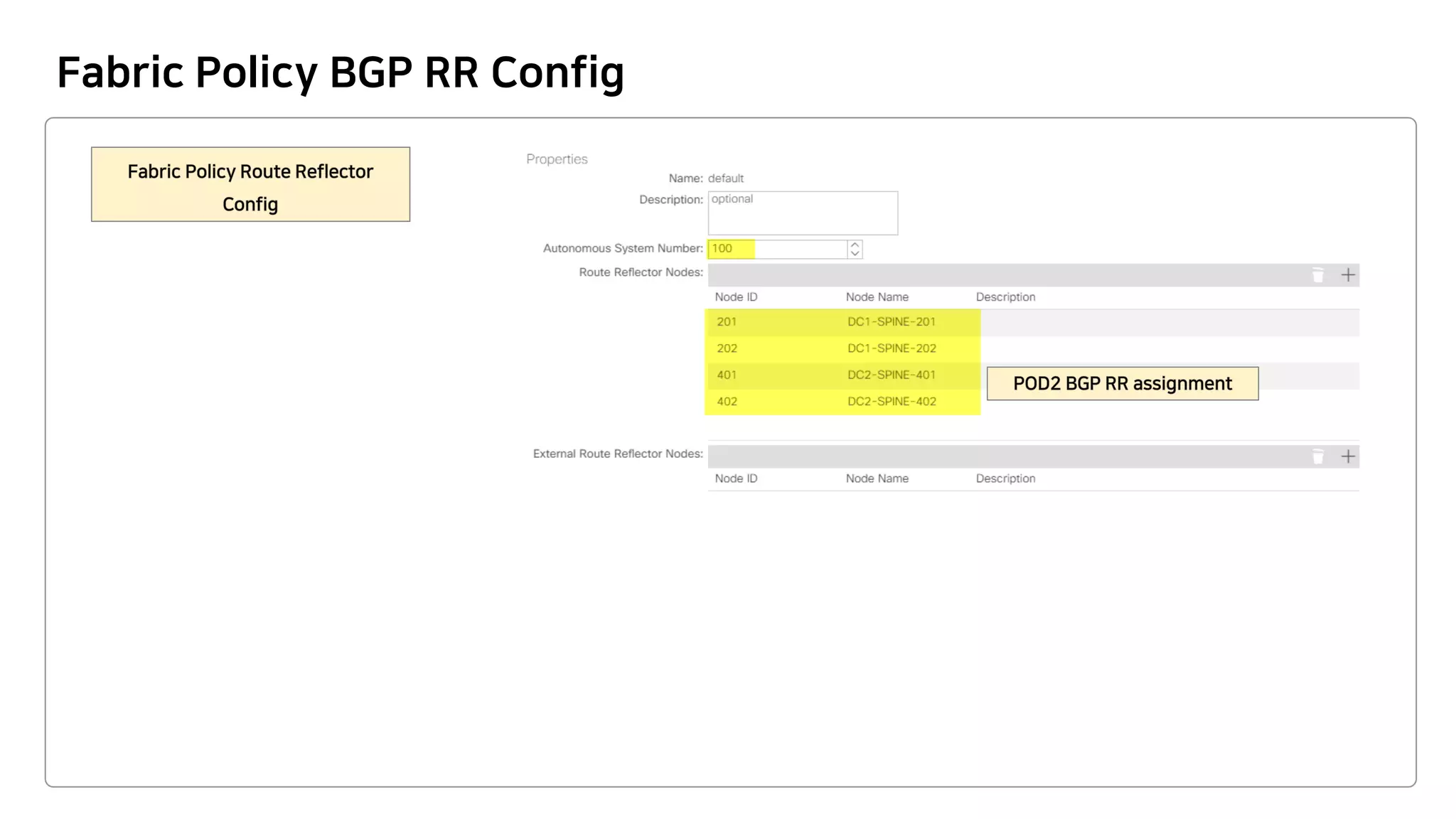Fabric Policy BGP RR Config
 