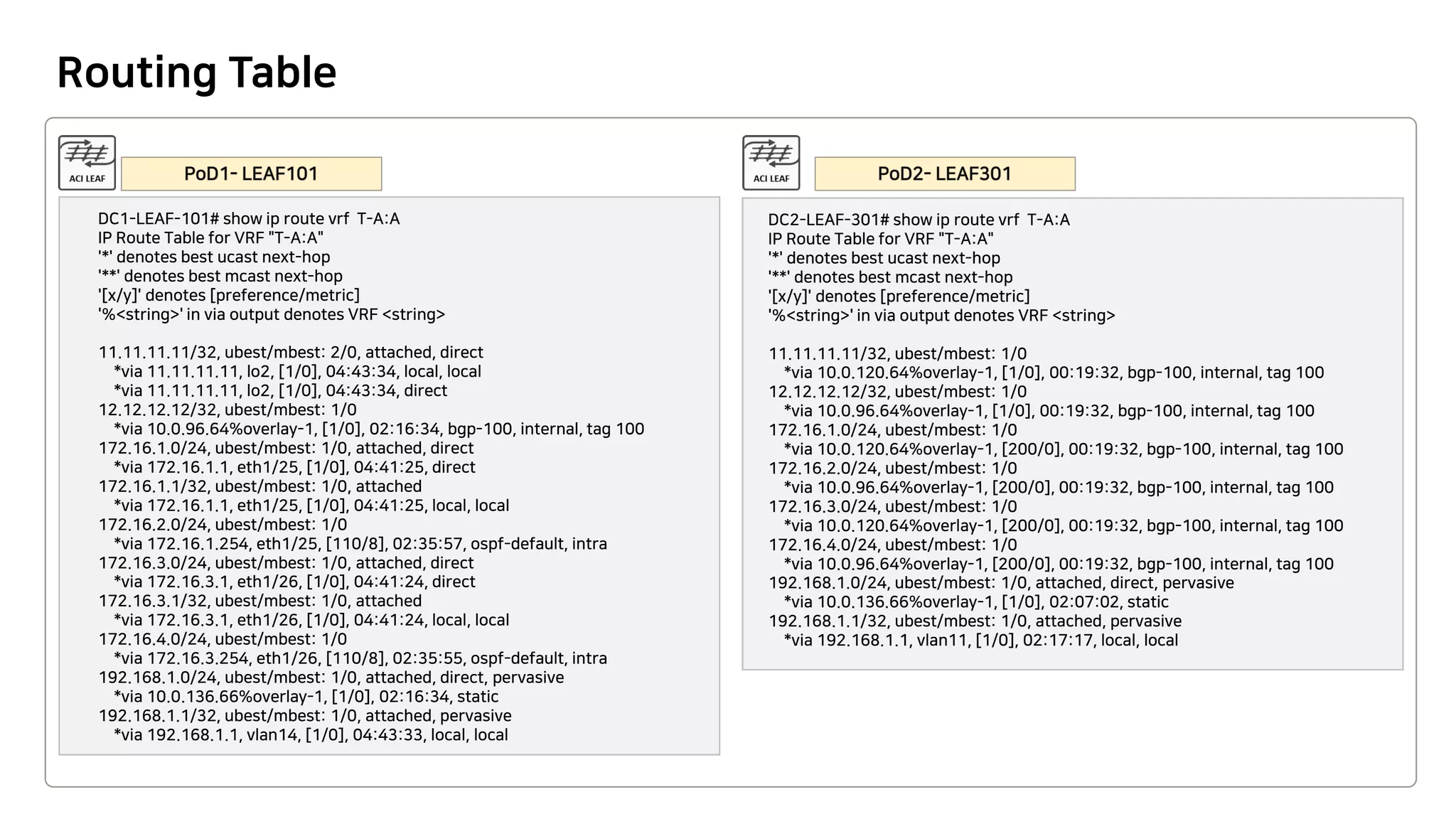 Routing Table
DC2-LEAF-301# show ip route vrf T-A:A
IP Route Table for VRF "T-A:A"
'*' denotes best ucast next-hop
'**' denotes best mcast next-hop
'[x/y]' denotes [preference/metric]
'%<string>' in via output denotes VRF <string>
11.11.11.11/32, ubest/mbest: 1/0
*via 10.0.120.64%overlay-1, [1/0], 00:19:32, bgp-100, internal, tag 100
12.12.12.12/32, ubest/mbest: 1/0
*via 10.0.96.64%overlay-1, [1/0], 00:19:32, bgp-100, internal, tag 100
172.16.1.0/24, ubest/mbest: 1/0
*via 10.0.120.64%overlay-1, [200/0], 00:19:32, bgp-100, internal, tag 100
172.16.2.0/24, ubest/mbest: 1/0
*via 10.0.96.64%overlay-1, [200/0], 00:19:32, bgp-100, internal, tag 100
172.16.3.0/24, ubest/mbest: 1/0
*via 10.0.120.64%overlay-1, [200/0], 00:19:32, bgp-100, internal, tag 100
172.16.4.0/24, ubest/mbest: 1/0
*via 10.0.96.64%overlay-1, [200/0], 00:19:32, bgp-100, internal, tag 100
192.168.1.0/24, ubest/mbest: 1/0, attached, direct, pervasive
*via 10.0.136.66%overlay-1, [1/0], 02:07:02, static
192.168.1.1/32, ubest/mbest: 1/0, attached, pervasive
*via 192.168.1.1, vlan11, [1/0], 02:17:17, local, local
DC1-LEAF-101# show ip route vrf T-A:A
IP Route Table for VRF "T-A:A"
'*' denotes best ucast next-hop
'**' denotes best mcast next-hop
'[x/y]' denotes [preference/metric]
'%<string>' in via output denotes VRF <string>
11.11.11.11/32, ubest/mbest: 2/0, attached, direct
*via 11.11.11.11, lo2, [1/0], 04:43:34, local, local
*via 11.11.11.11, lo2, [1/0], 04:43:34, direct
12.12.12.12/32, ubest/mbest: 1/0
*via 10.0.96.64%overlay-1, [1/0], 02:16:34, bgp-100, internal, tag 100
172.16.1.0/24, ubest/mbest: 1/0, attached, direct
*via 172.16.1.1, eth1/25, [1/0], 04:41:25, direct
172.16.1.1/32, ubest/mbest: 1/0, attached
*via 172.16.1.1, eth1/25, [1/0], 04:41:25, local, local
172.16.2.0/24, ubest/mbest: 1/0
*via 172.16.1.254, eth1/25, [110/8], 02:35:57, ospf-default, intra
172.16.3.0/24, ubest/mbest: 1/0, attached, direct
*via 172.16.3.1, eth1/26, [1/0], 04:41:24, direct
172.16.3.1/32, ubest/mbest: 1/0, attached
*via 172.16.3.1, eth1/26, [1/0], 04:41:24, local, local
172.16.4.0/24, ubest/mbest: 1/0
*via 172.16.3.254, eth1/26, [110/8], 02:35:55, ospf-default, intra
192.168.1.0/24, ubest/mbest: 1/0, attached, direct, pervasive
*via 10.0.136.66%overlay-1, [1/0], 02:16:34, static
192.168.1.1/32, ubest/mbest: 1/0, attached, pervasive
*via 192.168.1.1, vlan14, [1/0], 04:43:33, local, local
 