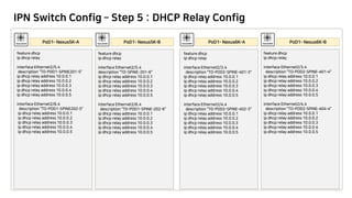 IPN Switch Config – Step 5 : DHCP Relay Config
feature dhcp
Ip dhcp relay
interface Ethernet2/5.4
description "TO-POD1-SPINE201-5"
ip dhcp relay address 10.0.0.1
ip dhcp relay address 10.0.0.2
ip dhcp relay address 10.0.0.3
ip dhcp relay address 10.0.0.4
ip dhcp relay address 10.0.0.5
interface Ethernet2/6.4
description "TO-POD1-SPINE202-5"
ip dhcp relay address 10.0.0.1
ip dhcp relay address 10.0.0.2
ip dhcp relay address 10.0.0.3
ip dhcp relay address 10.0.0.4
ip dhcp relay address 10.0.0.5
feature dhcp
Ip dhcp relay
interface Ethernet2/5.4
description "TO-SPINE-201-6"
ip dhcp relay address 10.0.0.1
ip dhcp relay address 10.0.0.2
ip dhcp relay address 10.0.0.3
ip dhcp relay address 10.0.0.4
ip dhcp relay address 10.0.0.5
interface Ethernet2/6.4
description "TO-POD1-SPINE-202-6"
ip dhcp relay address 10.0.0.1
ip dhcp relay address 10.0.0.2
ip dhcp relay address 10.0.0.3
ip dhcp relay address 10.0.0.4
ip dhcp relay address 10.0.0.5
feature dhcp
Ip dhcp relay
interface Ethernet2/3.4
description "TO-POD2-SPINE-401-3"
ip dhcp relay address 10.0.0.1
ip dhcp relay address 10.0.0.2
ip dhcp relay address 10.0.0.3
ip dhcp relay address 10.0.0.4
ip dhcp relay address 10.0.0.5
interface Ethernet2/4.4
description "TO-POD2-SPINE-402-3"
ip dhcp relay address 10.0.0.1
ip dhcp relay address 10.0.0.2
ip dhcp relay address 10.0.0.3
ip dhcp relay address 10.0.0.4
ip dhcp relay address 10.0.0.5
feature dhcp
Ip dhcp relay
interface Ethernet2/3.4
description "TO-POD2-SPINE-401-4"
ip dhcp relay address 10.0.0.1
ip dhcp relay address 10.0.0.2
ip dhcp relay address 10.0.0.3
ip dhcp relay address 10.0.0.4
ip dhcp relay address 10.0.0.5
interface Ethernet2/4.4
description "TO-POD2-SPINE-404-4"
ip dhcp relay address 10.0.0.1
ip dhcp relay address 10.0.0.2
ip dhcp relay address 10.0.0.3
ip dhcp relay address 10.0.0.4
ip dhcp relay address 10.0.0.5
 