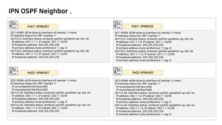 IPN OSPF Neighbor .
DC1-SPINE-201# show ip interface vrf overlay-1 | more
IP Interface Status for VRF "overlay-1"
eth1/5.5, Interface status: protocol-up/link-up/admin-up, iod: 45,
IP address: 201.1.1.1, IP subnet: 201.1.1.0/30
IP broadcast address: 255.255.255.255
IP primary address route-preference: 1, tag: 0
eth1/6.6, Interface status: protocol-up/link-up/admin-up, iod: 46,
IP address: 201.1.1.5, IP subnet: 201.1.1.4/30
IP broadcast address: 255.255.255.255
DC1-SPINE-202# show ip interface vrf overlay-1 | more
IP Interface Status for VRF "overlay-1"
eth1/5.5, Interface status: protocol-up/link-up/admin-up, iod: 45,
IP address: 201.1.1.9, IP subnet: 201.1.1.8/30
IP broadcast address: 255.255.255.255
IP primary address route-preference: 1, tag: 0
eth1/6.6, Interface status: protocol-up/link-up/admin-up, iod: 46,
IP address: 201.1.1.13, IP subnet: 201.1.1.12/30
IP broadcast address: 255.255.255.255
IP primary address route-preference: 1, tag: 0
DC2-SPINE-401# show ip interface vrf overlay-1 | more
IP Interface Status for VRF "overlay-1"
IP unnumbered interface (lo0)
IP unnumbered interface (lo0)
eth1/3.39, Interface status: protocol-up/link-up/admin-up, iod: 44,
IP address: 202.1.1.1, IP subnet: 202.1.1.0/30
IP broadcast address: 255.255.255.255
IP primary address route-preference: 1, tag: 0
eth1/4.40, Interface status: protocol-up/link-up/admin-up, iod: 43,
IP address: 202.1.1.5, IP subnet: 202.1.1.4/30
IP broadcast address: 255.255.255.255
DC2-SPINE-402# show ip interface vrf overlay-1 | more
IP Interface Status for VRF "overlay-1"
IP unnumbered interface (lo0)
IP unnumbered interface (lo0)
eth1/3.39, Interface status: protocol-up/link-up/admin-up, iod: 44,
IP address: 202.1.1.9, IP subnet: 202.1.1.8/30
IP broadcast address: 255.255.255.255
IP primary address route-preference: 1, tag: 0
eth1/4.40, Interface status: protocol-up/link-up/admin-up, iod: 43,
IP address: 202.1.1.13, IP subnet: 202.1.1.12/30
IP broadcast address: 255.255.255.255
IP primary address route-preference: 1, tag: 0
 