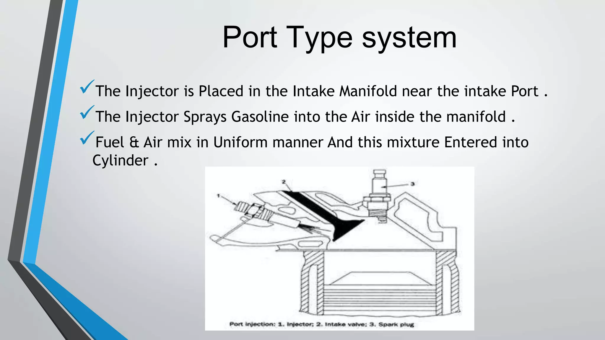Port Type system
The Injector is Placed in the Intake Manifold near the intake Port .
The Injector Sprays Gasoline into the Air inside the manifold .
Fuel & Air mix in Uniform manner And this mixture Entered into
Cylinder .
 