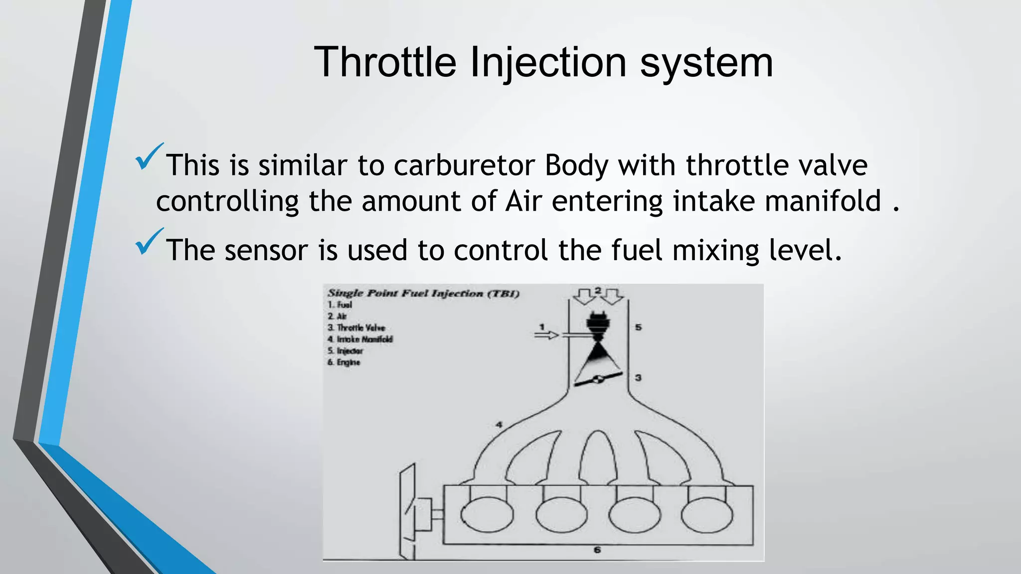 Throttle Injection system
This is similar to carburetor Body with throttle valve
controlling the amount of Air entering intake manifold .
The sensor is used to control the fuel mixing level.
 