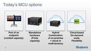 Today’s MCU options


                                                      MCU




    Part of an       Standalone       Hybrid      Cloud-based
    endpoint          hardware    Combination     On-demand
(Limited capacity)     (Finite    of on-premise      scale,
                      capacity)     + cloud or     Flexibility
                                  multi-tenancy
9
 