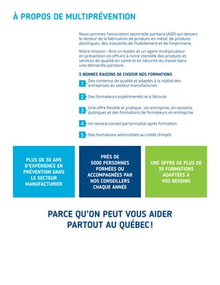 À PROPOS DE MULTIPRÉVENTION
PLUS DE 30 ANS
D’EXPÉRIENCE EN
PRÉVENTION DANS
LE SECTEUR
MANUFACTURIER
PRÈS DE
5000 PERSONNES
FORMÉES OU
ACCOMPAGNÉES PAR
NOS CONSEILLERS
CHAQUE ANNÉE
UNE OFFRE DE PLUS DE
35 FORMATIONS
ADAPTÉES À
VOS BESOINS
PARCE QU’ON PEUT VOUS AIDER
PARTOUT AU QUÉBEC !
Nous sommes l’association sectorielle paritaire (ASP) qui dessert
le secteur de la fabrication de produits en métal, de produits
électriques, des industries de l’habillement et de l’imprimerie.
Notre mission : être un leader et un agent multiplicateur
en prévention en offrant à notre clientèle des produits et
services de qualité en santé et en sécurité du travail dans
une démarche paritaire.
	 Des contenus de qualité et adaptés à la réalité des
entreprises du secteur manufacturier
	 Des formateurs expérimentés et à l’écoute
	 Une offre flexible et pratique : en entreprise, en sessions
publiques et des formations de formateurs en entreprise
	 Un service-conseil personnalisé après formation
	 Des formations admissibles au crédit d’impôt
1
2
3
4
5
5 BONNES RAISONS DE CHOISIR NOS FORMATIONS
 